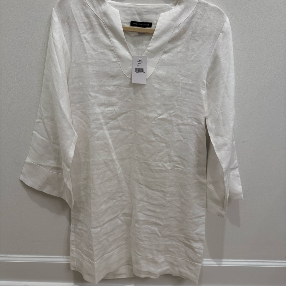 LINEN SAKS FIFTH AVENUE White V-Neck Tunic Dress - Picture 12 of 12